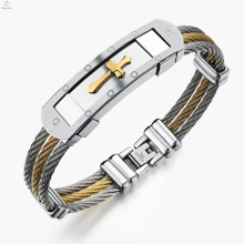 New Style Statement Jewelry Jesus Gold Stainless Steel Men Steel Cable Cross Bracelet